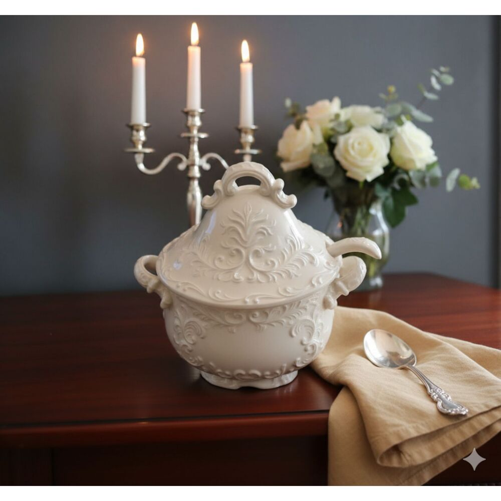 Vintage Napco Baroque Style White Ceramic Soup Tureen w/ Spoon 9” Tall Japan